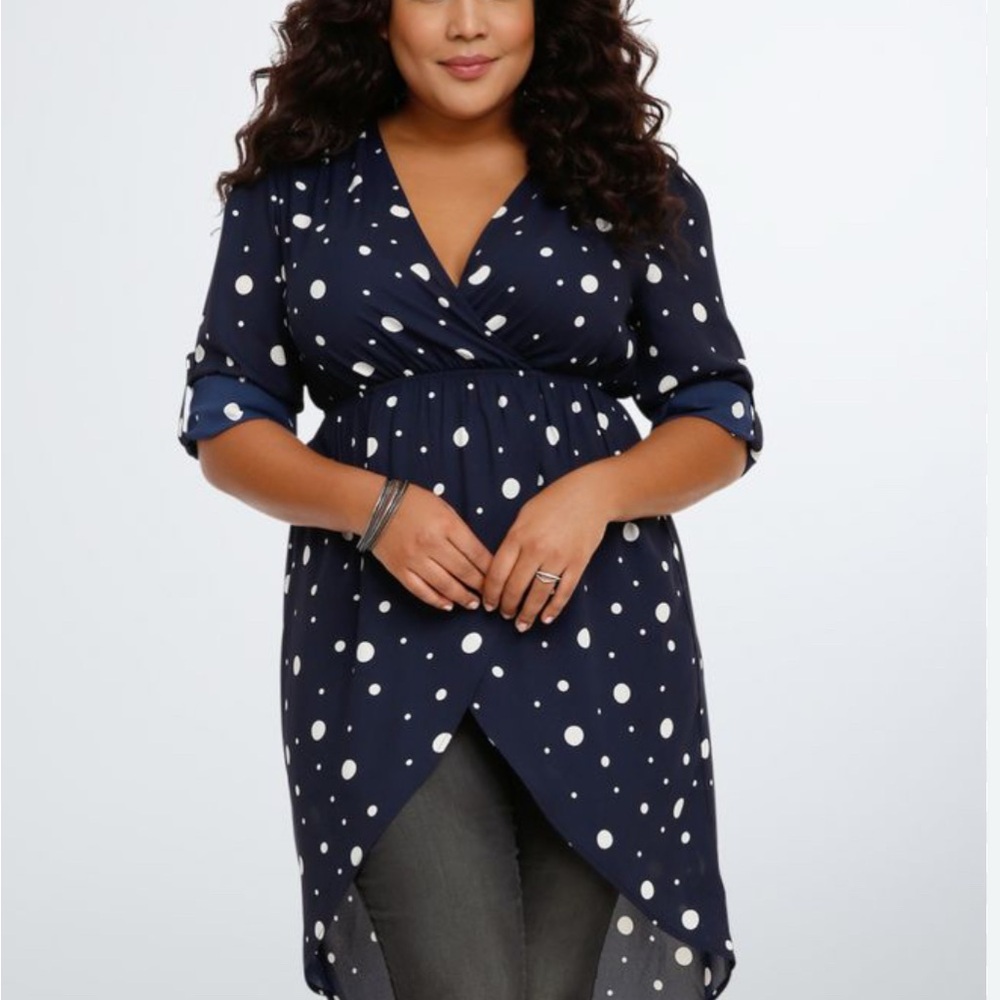 Torrid Hi-Lo Chifon Tunic/Dress Polka Dot 3/4 Sleeves Size 1 (14-16)